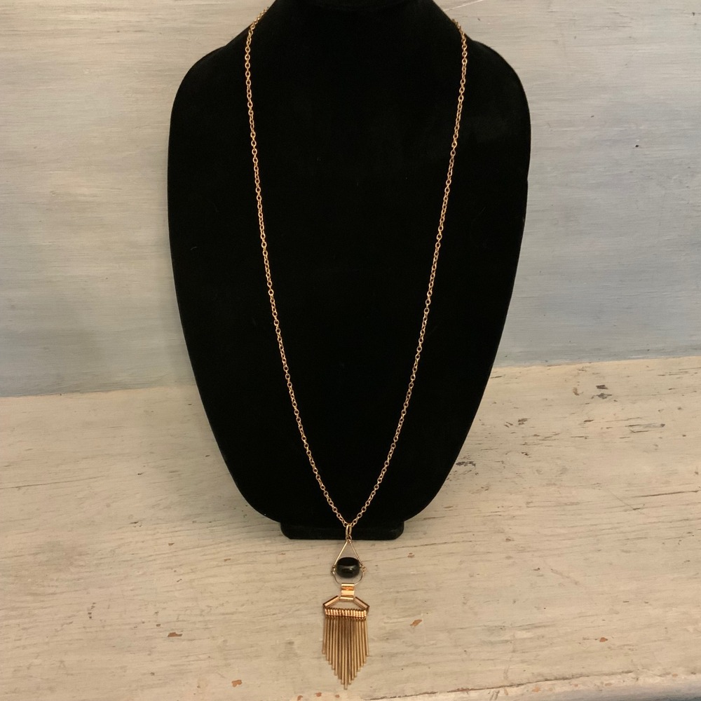 Long Gold Tone Geometric Tassel Pendant Statement Necklace 39-43" Good Condition